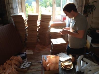 George preparing the Ohbot 1 Crowdfunder kits.
